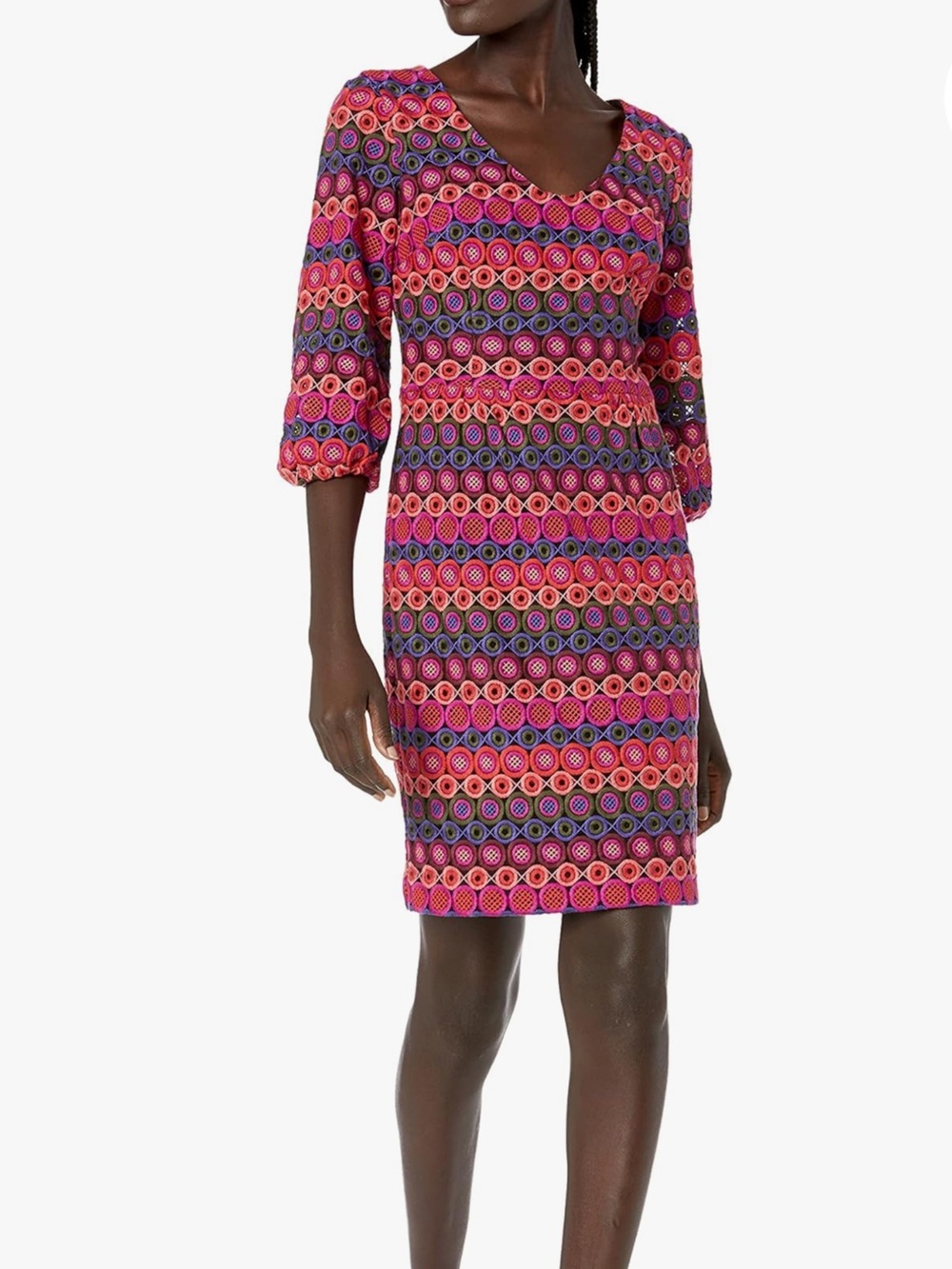 Trina Turk Nicole V Neck Dress, Geometric Multicolor Circle Pattern, size 12